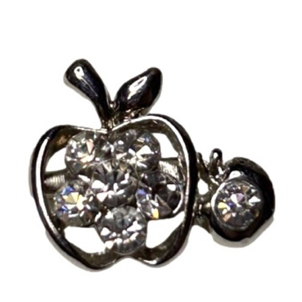 Silver & Rhinestone Big Apple Small Apple Brooch With Hook Clasp